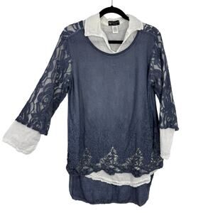 Bella Amore Layered 2 piece Shirt Tunic Women size S/M Blue Lace Long Sleeves